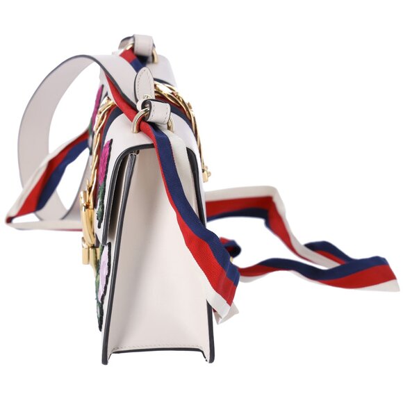 GUCCI Sylvie Shoulder Bag 421882 White Pink Multi Leather Floral Embroidery - Picture 4 of 10